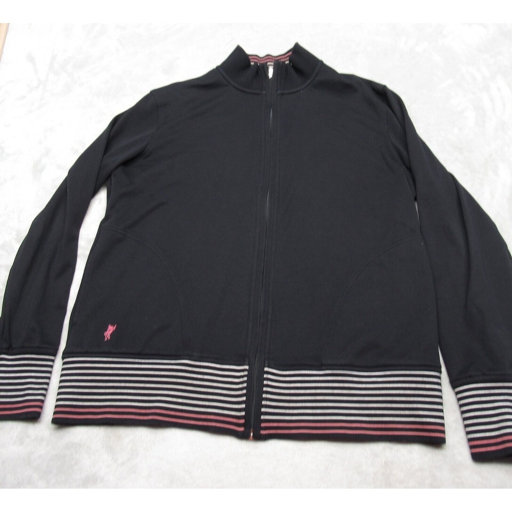 Ashworth Pima Cotton Cardigan Womens Large Black Striped Full Zip Knit Sweater